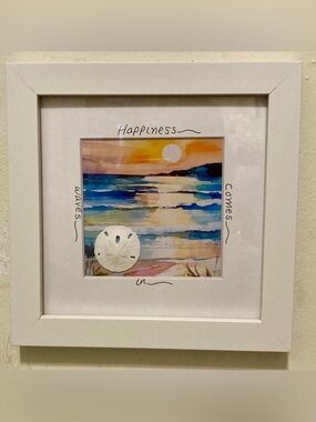Framed Beach Sand Dollar Art “Happiness comes in waves” 7”x7”